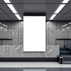 Modern subway station escalator wall with a sleek large vertical blank ad poster book mockup blank template isolated book professional presentation blank empty  creative composition versatile