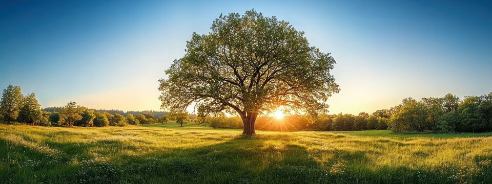 Sunset shining through a large solitary tree in a green meadow surrounded by distant trees under a clear blue sky
