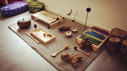 Relaxing Natural Sound Instruments Arranged on Rug for Sensory Play
