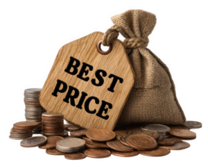 Best price tag coin stack burlap money bag wooden label savings financial concept affordable economic value discount offer budget friendly cheerful