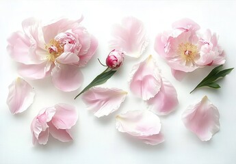 Obraz premium Delicate light pink peony flowers and petals spread on a white background with green leaves and soft natural lighting