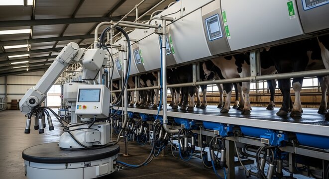 Automated robotic milking system in a modern dairy farm showcasing dairy technology