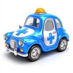 Blue toy ambulance, cartoon style, classic car
