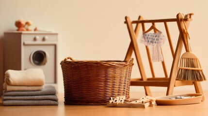 Laundry Still Life Featuring Basket, Clothes Rack, Washing Machine Model