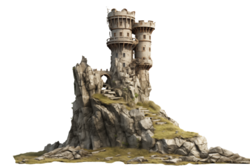 Fantasy Castle Towers on Rocky Island: 3D Rendered Illustration on transparent background png