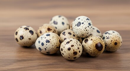Obraz premium Close-up of speckled quail eggs displayed on wooden surface evoking natural organic essence