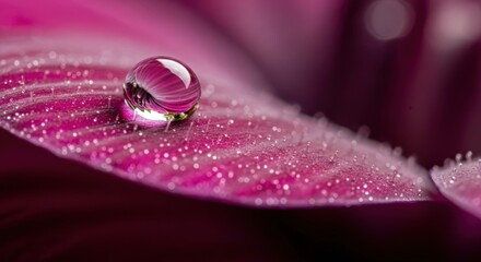 A mesmerizing macro shot of a vibrant pink gerbera petal adorned with a single, glistening water drop, showcasing natures delicate beauty and purity in exquisite detail