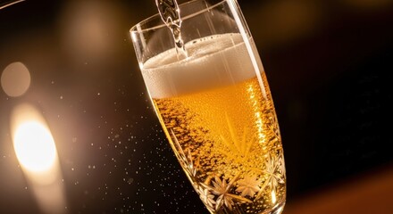 A refreshing glass of beer being poured, its golden liquid and frothy foam creating a tantalizing visual, perfect for capturing essence of celebration and relaxation