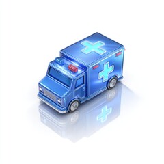 3D rendering of a stylized, blue ambulance