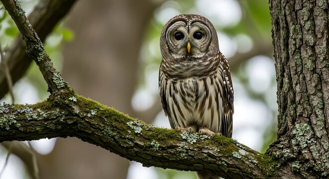 Barred Owl perched on a mossy branch in a forest setting, a serene nature scene