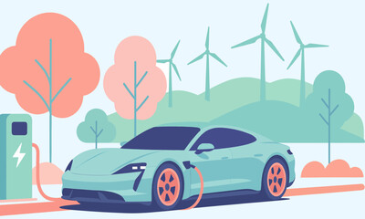 Electric car charging station with wind turbines and trees