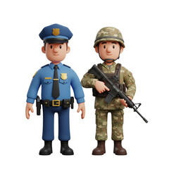 3D cartoon character image of a police officer and a soldier standing, isolated in transparent white color