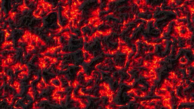 Volcanic lava stream flowing and hottest on black background. Volcanic infernal hot molten magma lava lakes. River of lava texture- Abstract red hot lava lamp particle loop across a magma background.