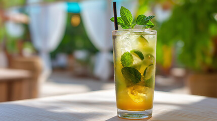 A vibrant mojito cocktail sits on a wooden table, topped with fresh mint leaves and a lime wedge. The drink has an icy appeal, and the bright colors add to its refreshing appeal 