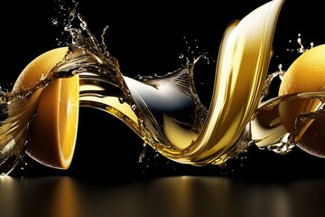Gold metallic 3d orange and lemon with flowing waves and liquid gold splash for commercial, packaging design