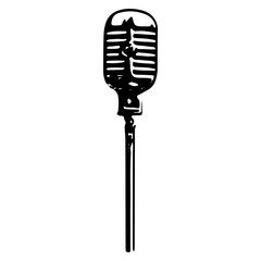 Obraz premium Antique microphone stand engraving, vintage broadcast mic illustration in black and white