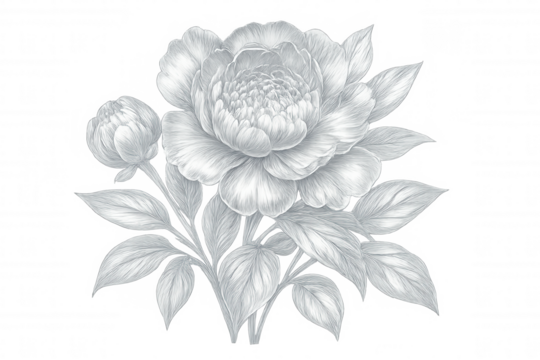 Delicate pencil sketch depicting blooming peony flower with soft leaves, transparent background highlighting botanical artistry - Powered by Adobe