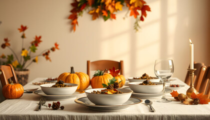 Thanksgiving celebration traditional dinner setting meal concept, smooth light. White tone
