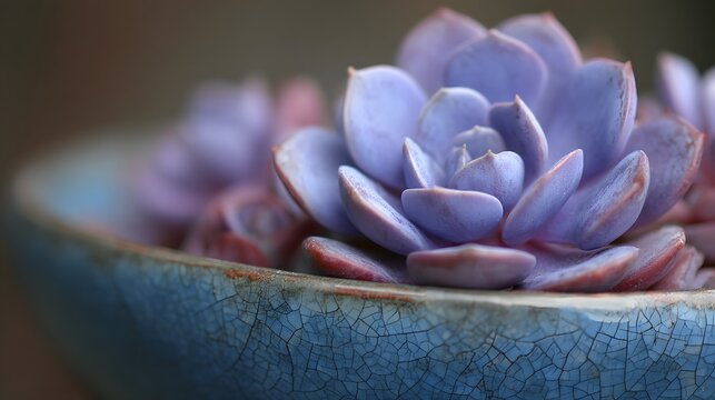 Close-up of a vibrant purple succulent in a decorative ceramic bowl.