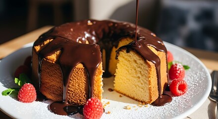 Delicious chocolate glazed cake with fresh raspberries and powdered sugar detail is perfect to