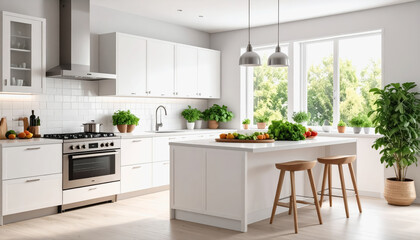 Fototapeta premium Bright and modern kitchen featuring a spacious white kitchen island surrounded by freshly prepared vegetables