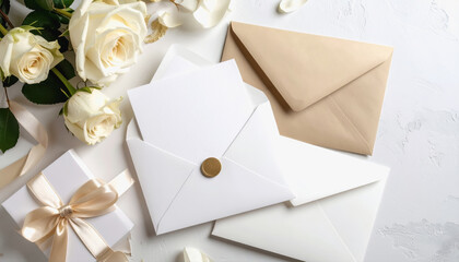 Beautiful bouquet of white roses accompanied by a white envelope with a gold button and copy space for text