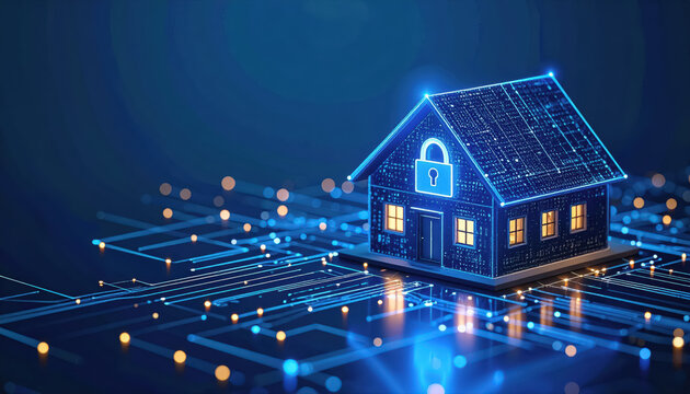 Modern house with a striking glowing blue roof illuminated at night creating a secure encrypted home network