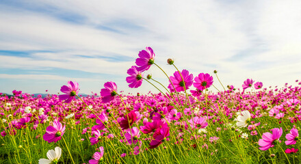 Field of Cosmos Flowers Dancing in the Wind Under Blue Sky