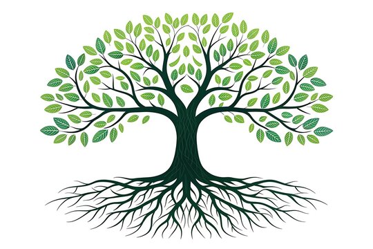 Stylized tree of life with visible roots and green leaves - Powered by Adobe