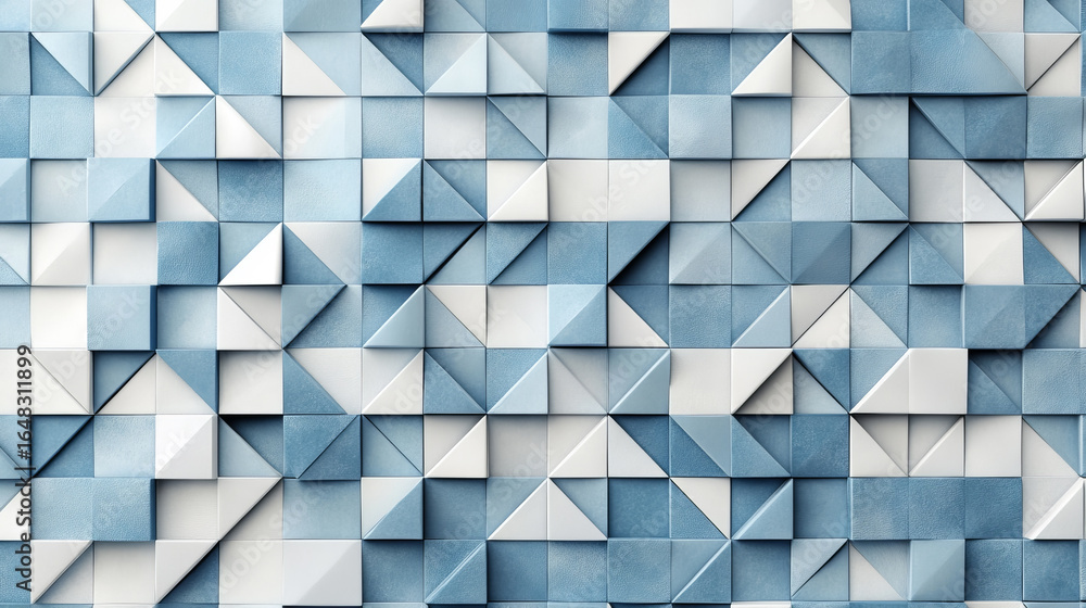 Poster abstract geometric pattern of interlocking squares and triangles in light blue and white