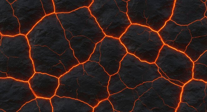 Glowing orange lava flowing through cracks in dark, textured volcanic rock, an abstract background of fiery geologic power.