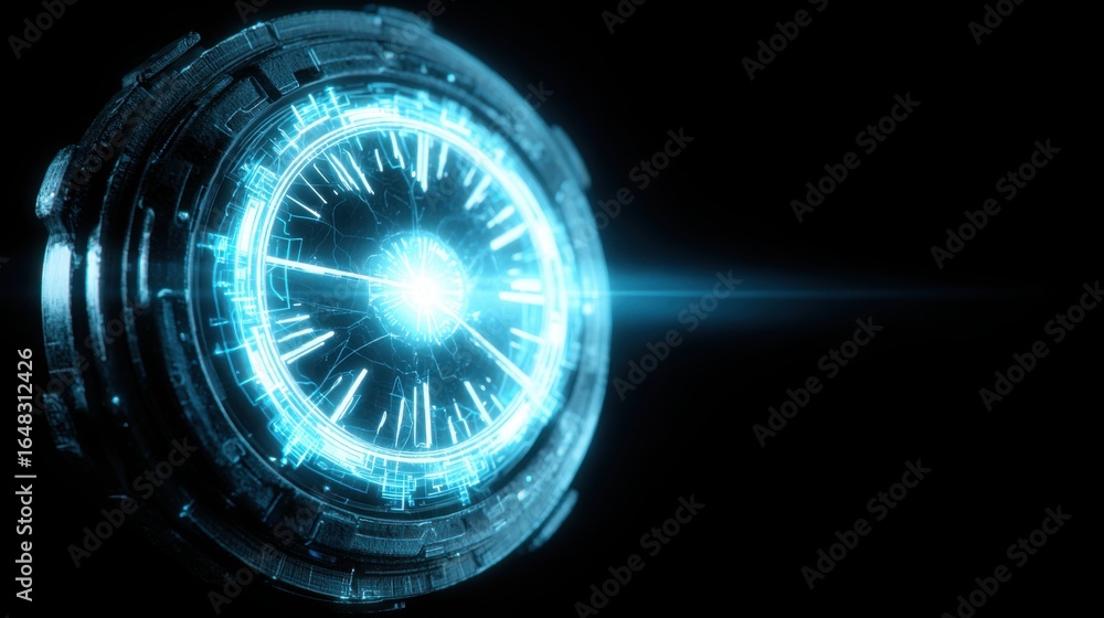 Poster striking clock with blue lights representing ai-driven market insight in an icon concept featuring a