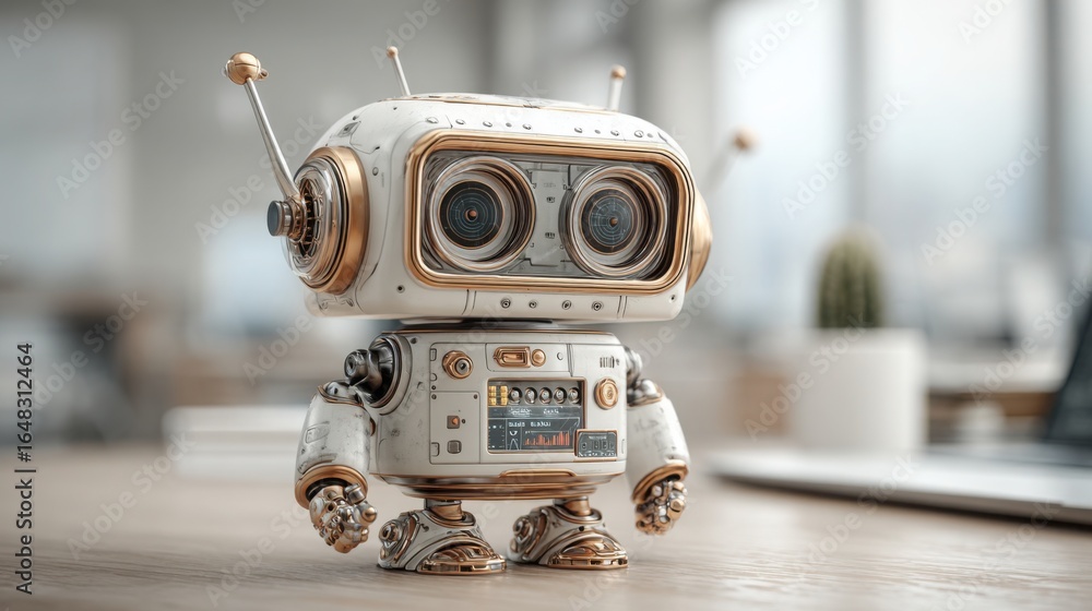 Poster thoughtful robot sitting on a table representing ai-driven financial compliance in a concept to ensu