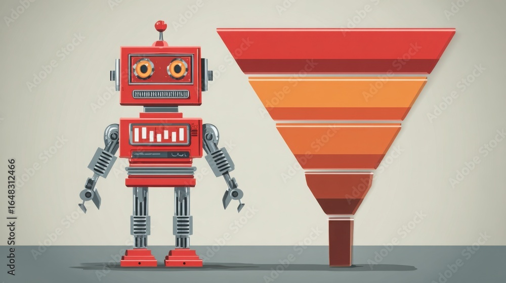 Poster clever robot with a funnel organizing leads in ai-driven sales funnel icon concept for streamlined b