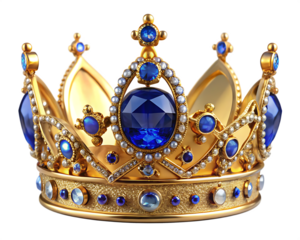 a gold crown with blue gems isolated on white background PNG , AI GENERATED