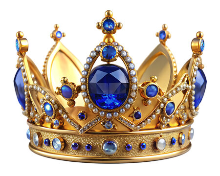 a gold crown with blue gems isolated on white background PNG , AI GENERATED
