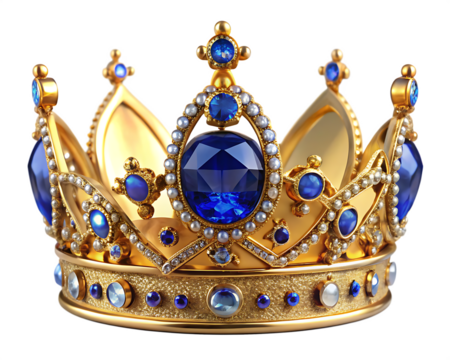 a gold crown with blue gems isolated on white background PNG , AI GENERATED