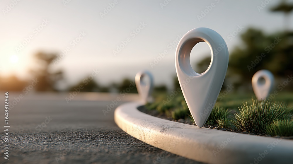 Poster white object on the road representing ai-powered logistics map with conceptual map pins and paths fo