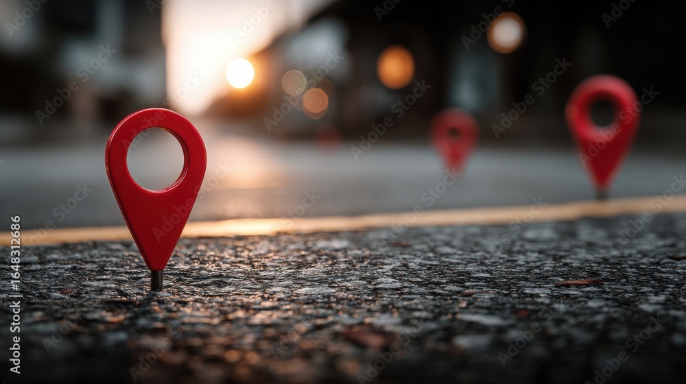 Poster vibrant red location pin placed on ground signifying a specific point of interest for navigation and