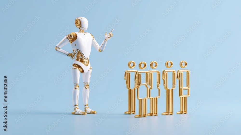 Poster engaging robot collaborating with a group of people in ai business consulting panel icon concept for