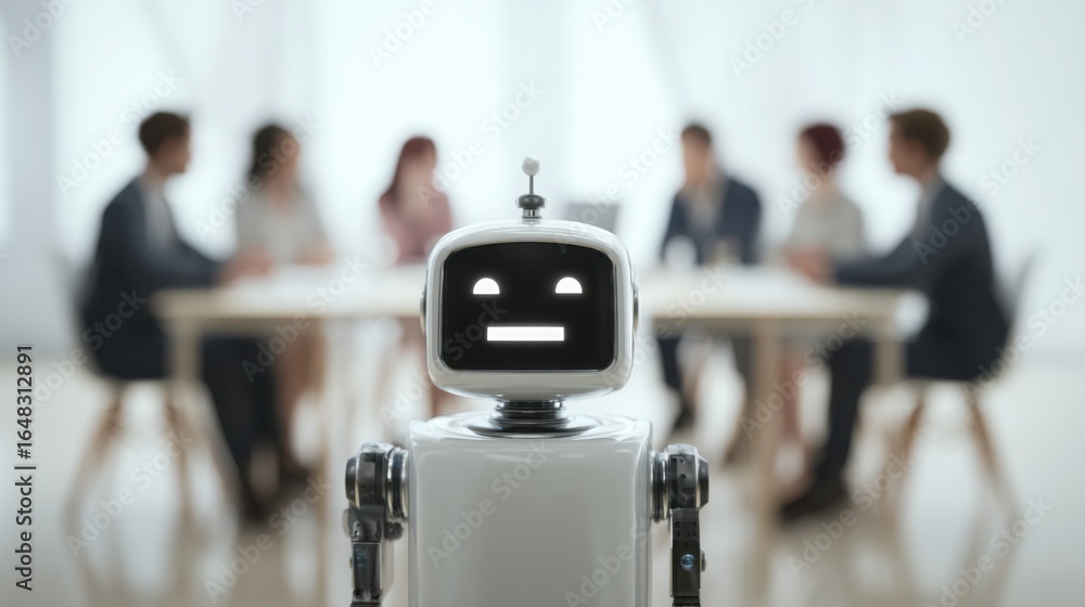 Poster insightful robot sitting at a table illustrating ai business consulting panel icon concept for strat