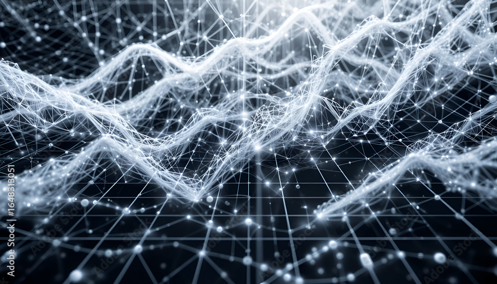 Poster abstract digital network with glowing nodes and lines, representing data flow and connection