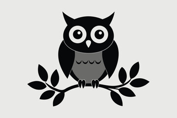 Stylized Black and Gray Owl Perched on a Branch with Leaves