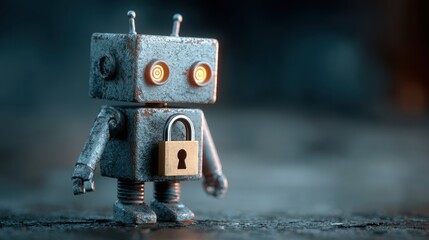 Robot with padlock design representing advanced ai business security monitoring panel concept for safety solutions