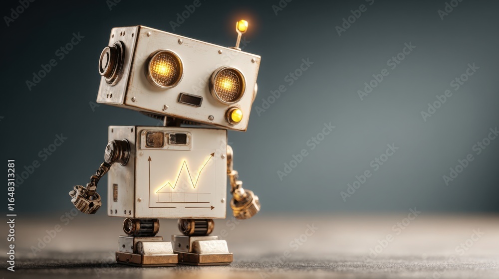 Poster futuristic robot illuminated by bright light representing advanced technology and financial insights