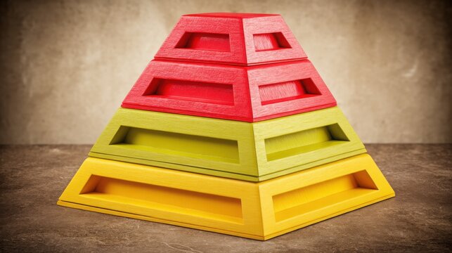 Wooden pyramid structure illustrating an ai capability maturity map concept design for layered graph representation