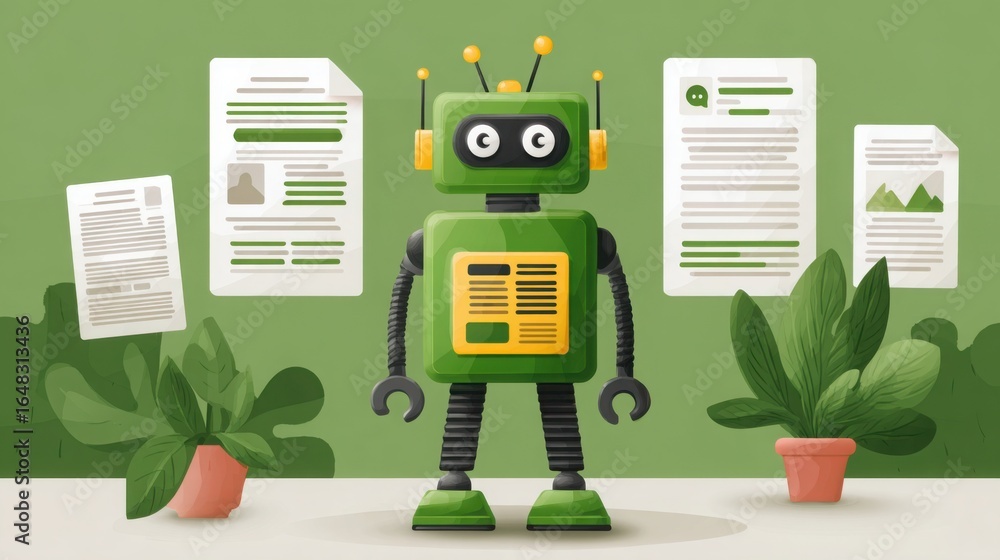Poster Ai compliance scanner icon concept featuring a robot standing in front of a green background for advanced document scanning
