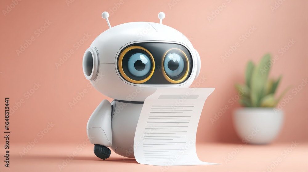 Poster robot holding a paper in ai compliance scanner icon concept representing advanced document scanning 