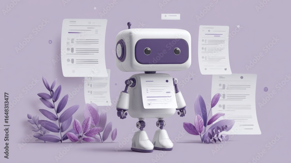 Poster ai compliance scanner icon concept featuring a robot surrounded by papers in the background indicati