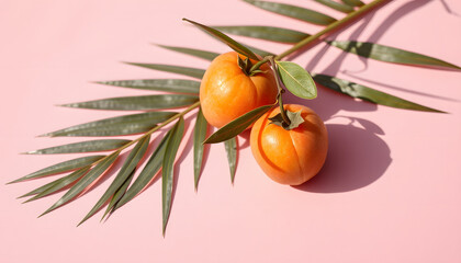 Apricot fruit with palm leaves shadow on a pastel pink background. Summer aesthetic concept, 8k. White tone